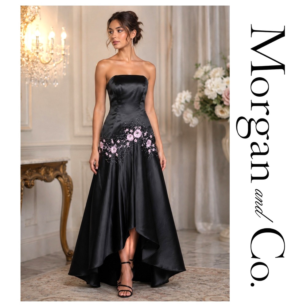 Morgan & Co Vtg Y2K Black Satin Pink Floral Embroirdered Formal Prom Gown 5/6